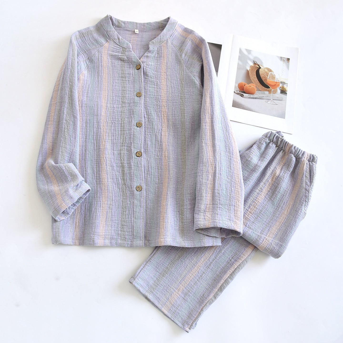 Women's V-neck Cotton Double-layer Crepe Pajamas Suit