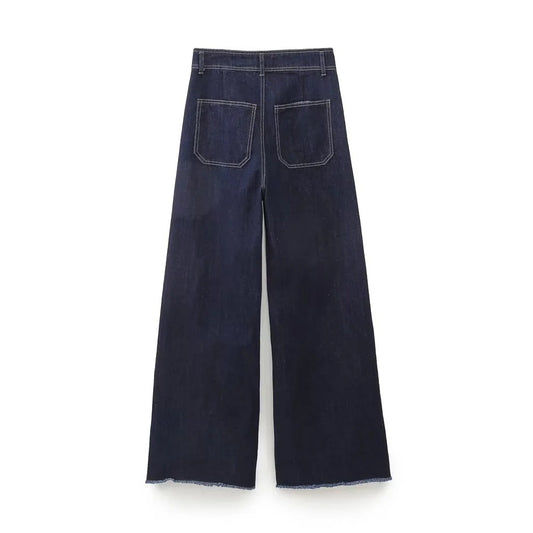 Navy Tuyere Pocket Decoration Loose Straight High Waist Jeans