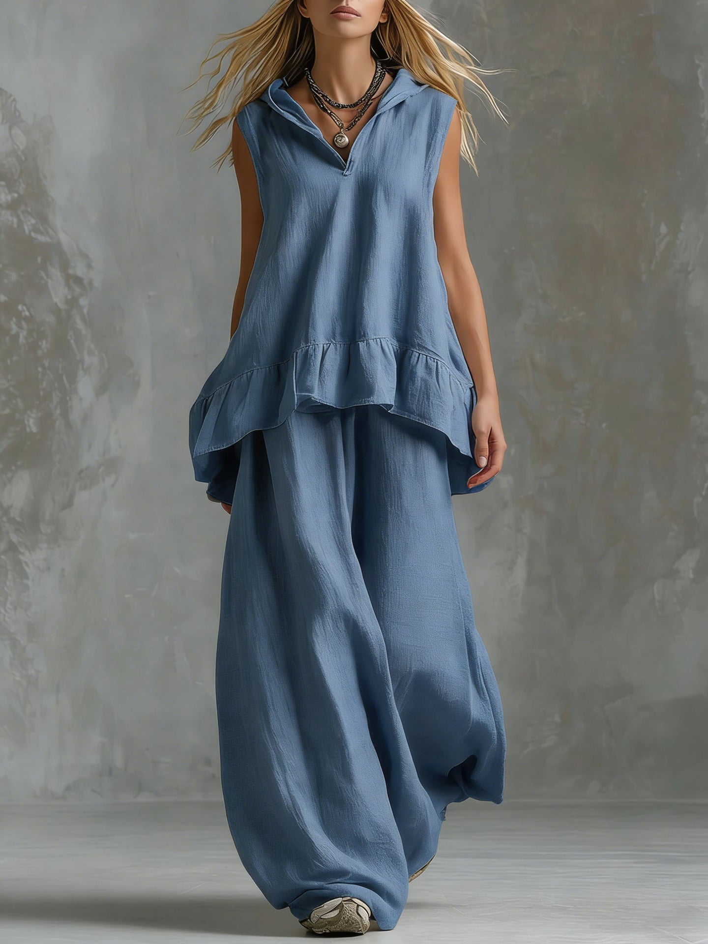 Casual Sleeveless Top And Fashionable Wide-Leg Pants Two-Piece Set