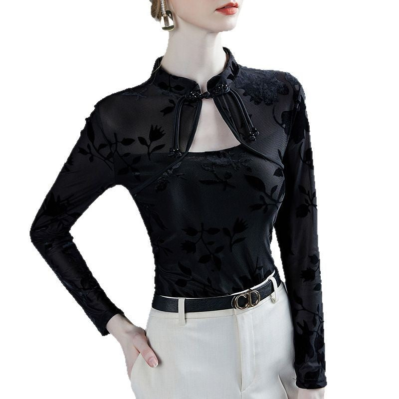Dametop med ny kinesisk stil, qipao-krave, jacquard og slim fit, der kan bruges som basislag