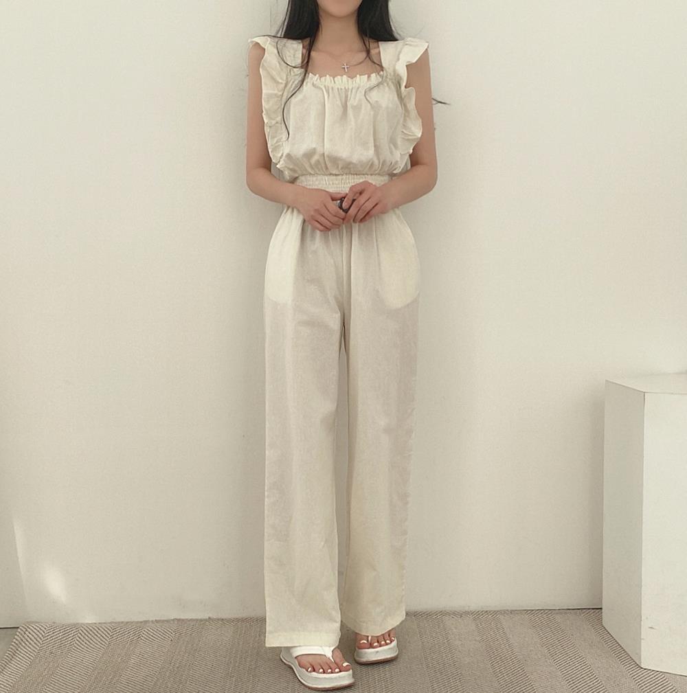Fransk Retro Jumpsuit Med Firkantet Halsudskæring, Flæser, Flæseærmer, Elastik I Taljen Og Højtaljede Vide Ben Til Kvinder