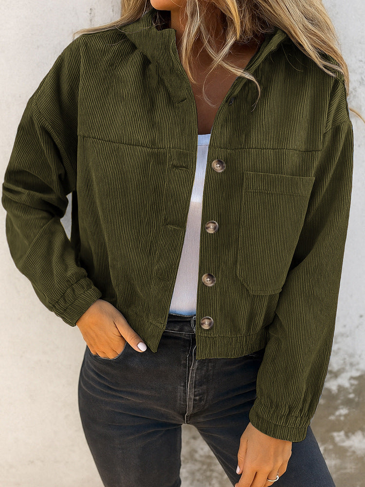 Fashionable Corduroy Long-Sleeve Cardigan With Hood And Pockets