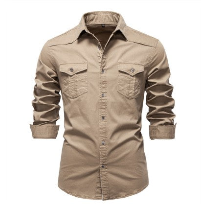 Men's Long-sleeved Denim Shirt Casual Solid Button Slim Tops Clothing