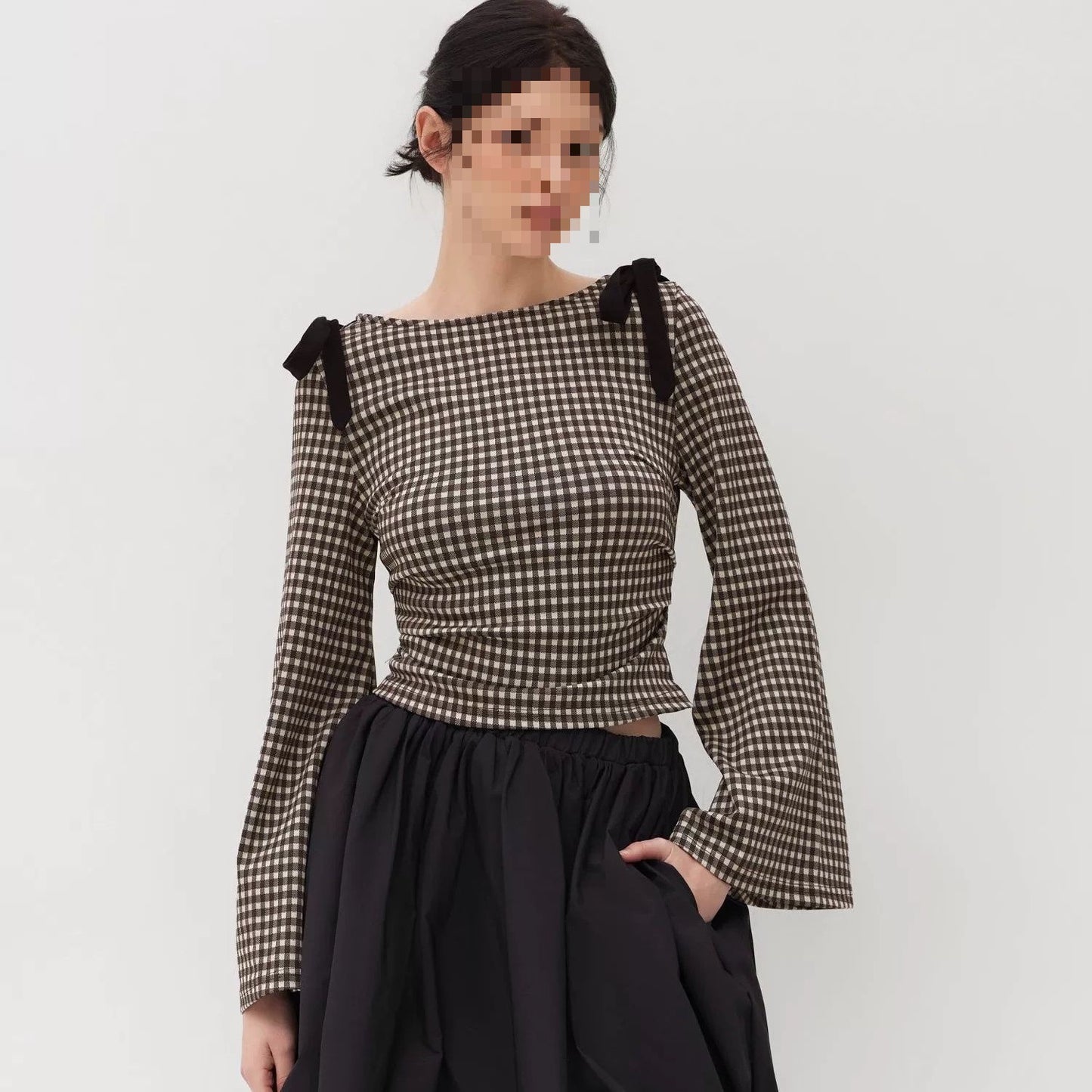 Bow Pleated Design Flare Plaid Slim-fit Long Sleeve Shirt For Women