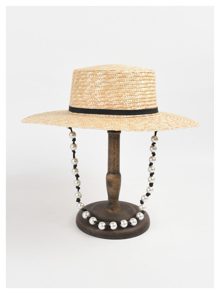 Flat Straw Women Pearl Chain Sunshade Sun Hat