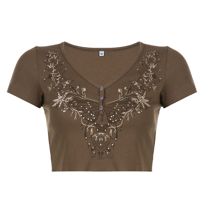 New Distressed Vintage Butterfly Print T-shirt V-neck Top