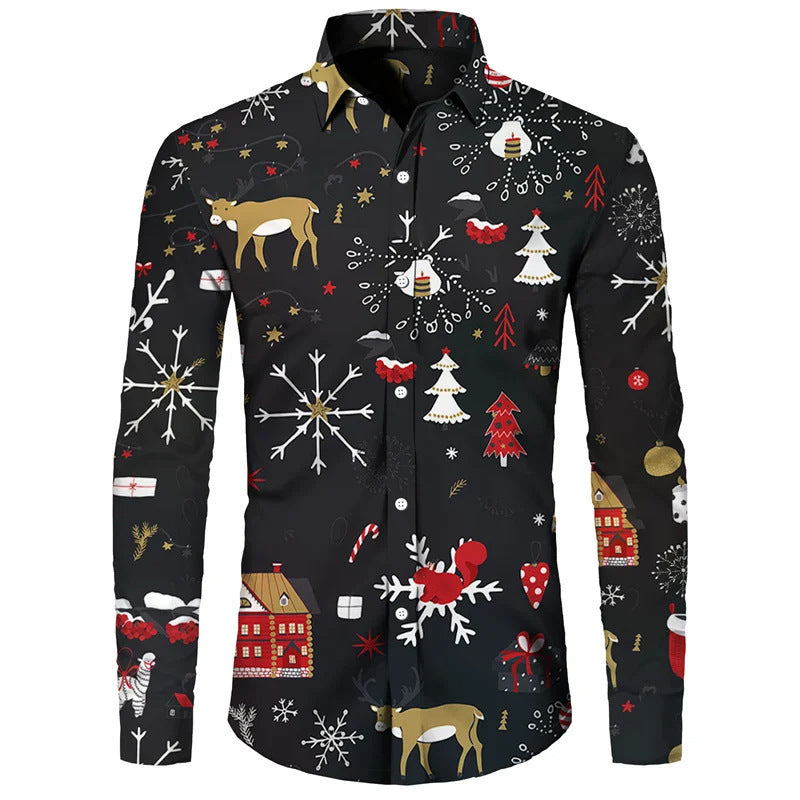 Funny Christmas Theme Digital 3D Printing Men's Button Lining Casual Long Sleeve