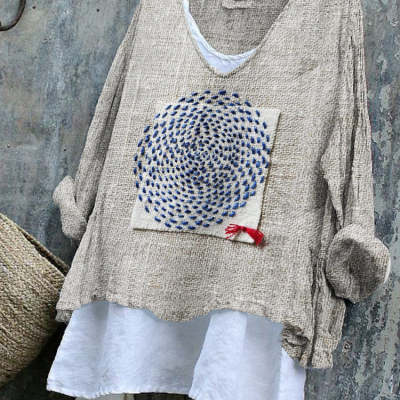 Women's Long-Sleeve Printed Casual Loose Crew-Neck Top