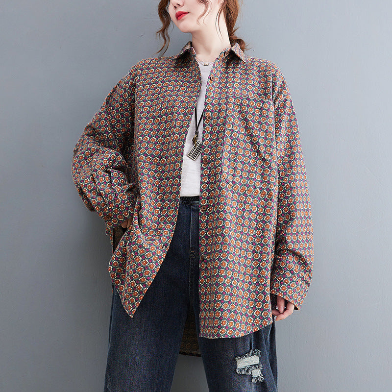 Women's Autumn And Winter New Retro Print Loose Coat Shirt