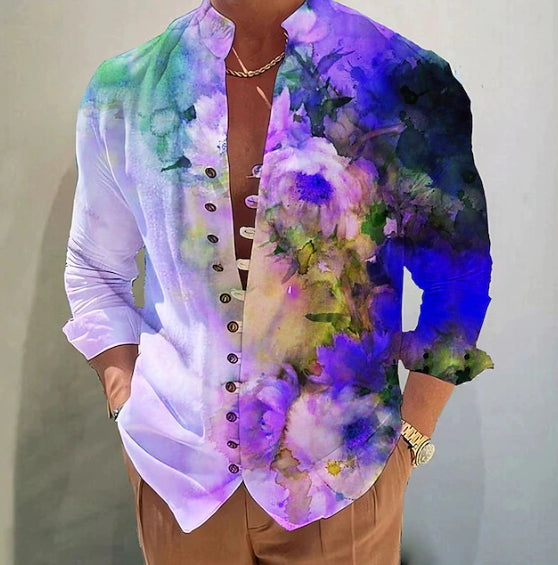 Men's 3D Printed Lapel Casual Long Sleeved Shirt
