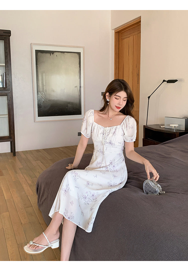 French Square Neck Retro Floral Dress For Women
