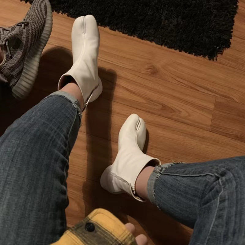 Split-toe Shoes Female Mid Heel Authentic Leather Chunky Heel Middle Boots