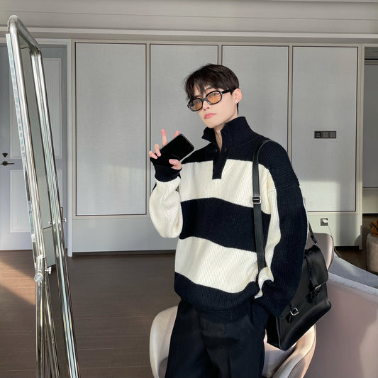 Stribet turtleneck sweater til mænd med kontrastfarve, løs pasform, efterår og vinter