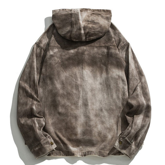 Waste Soil Wind Ripped Distressed Dirty Denim Hooded Jacket