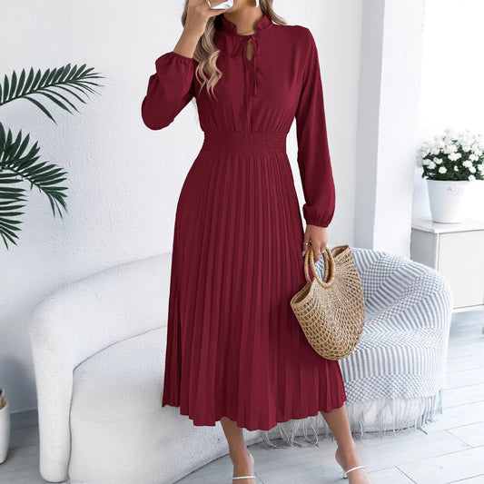 Elegant Lace-Up Lantern-Sleeve Long Pleated Dress