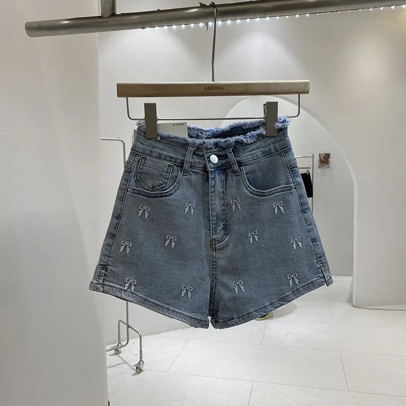 Slim Fit Burrs High Waist Denim Hot Pants Women's Summer Wide Leg Shorts