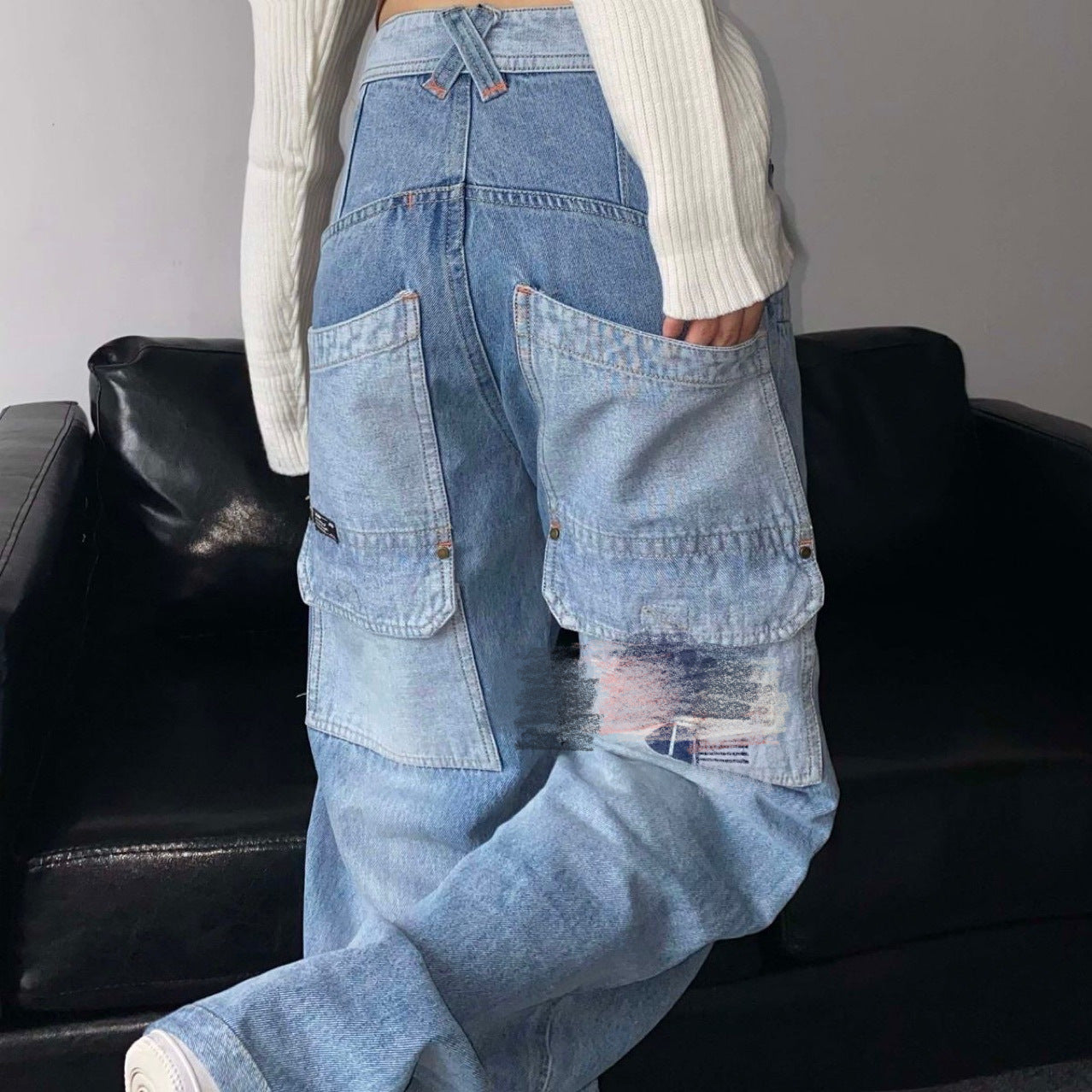 Vintage Pocket Gradient Loose Large Size Fat Mm Jeans