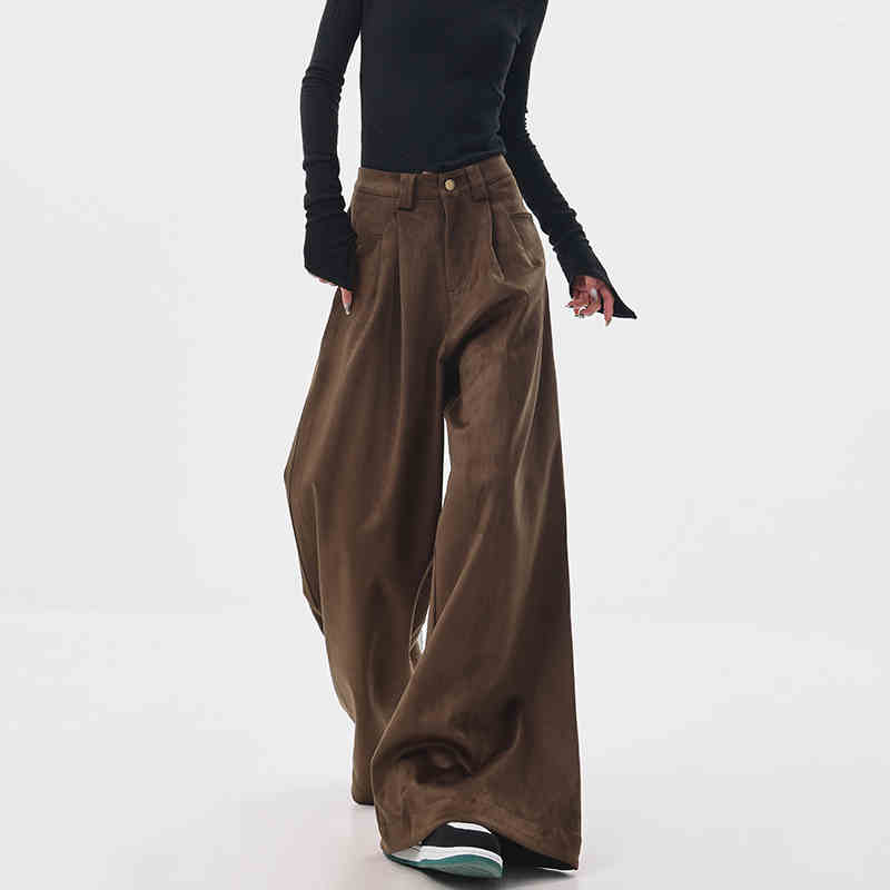 Dame tykke brune afslappede bukser retro moppe wide leg-bukser