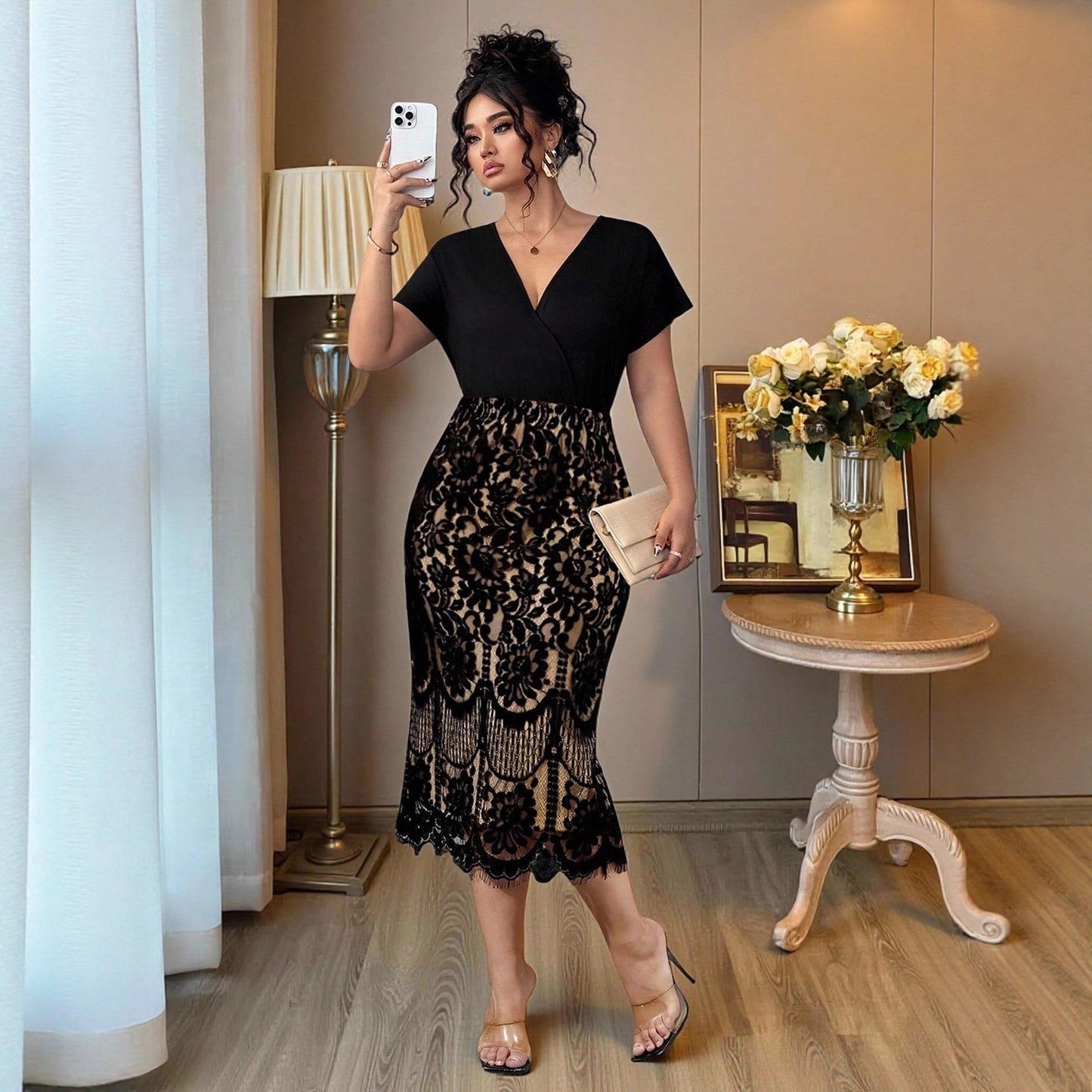 Elegant Non-Stretch Lace Dress For Women