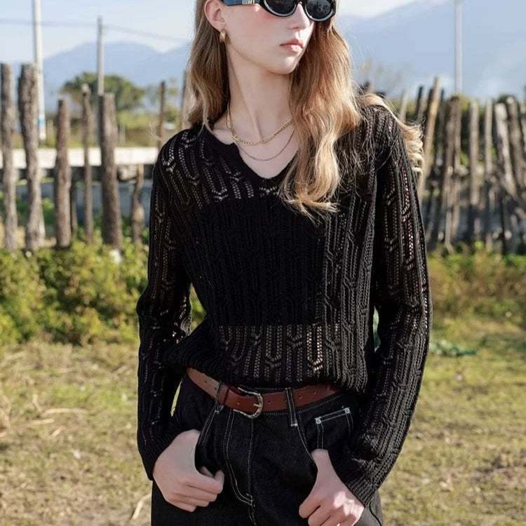 Solid-color Hollow-out V-neck Loose Laid-back Womens Pullover Knit Top