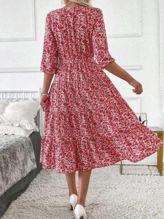 Women's Retro Mini Floral Pattern Print Long Sleeve Maxi Dress