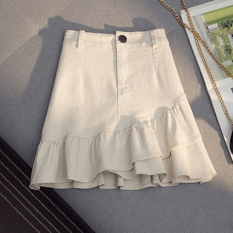 Skirt White Denim Irregular Ruffles