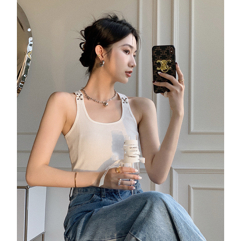 Spring Metal Buckle Embellished Shoulder Tank Top