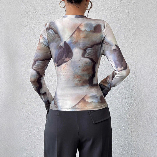 Ink-wash Retro Print Women's Slim-fit Versatile Stylish Top