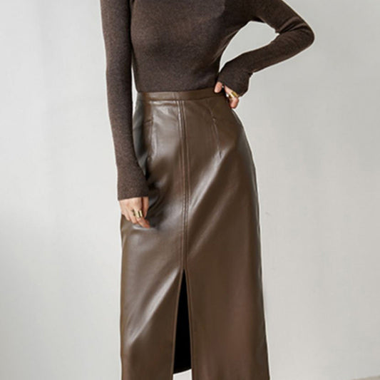 Front Slit Leather Skirt Women's Winter Skirt New