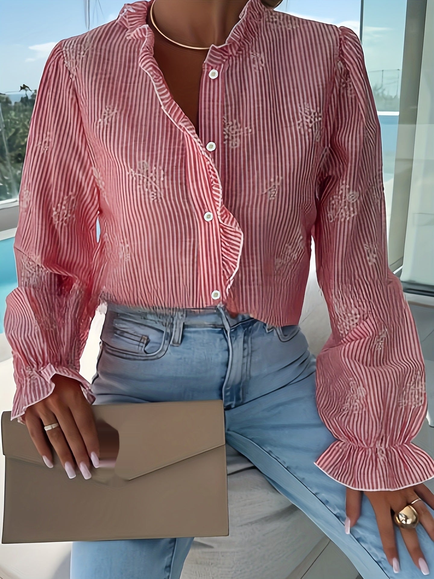 Striped Ruffled V-neck Blouse Women's Loose Top