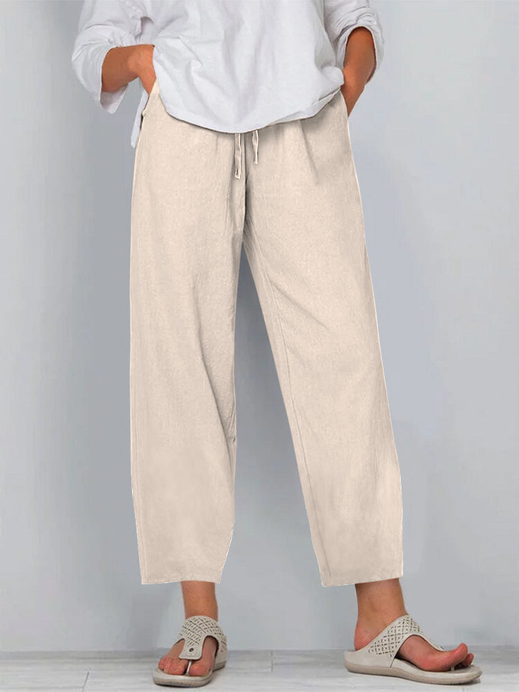 Elastic Waist Solid Color Cotton And Linen Wide Leg Casual Trousers