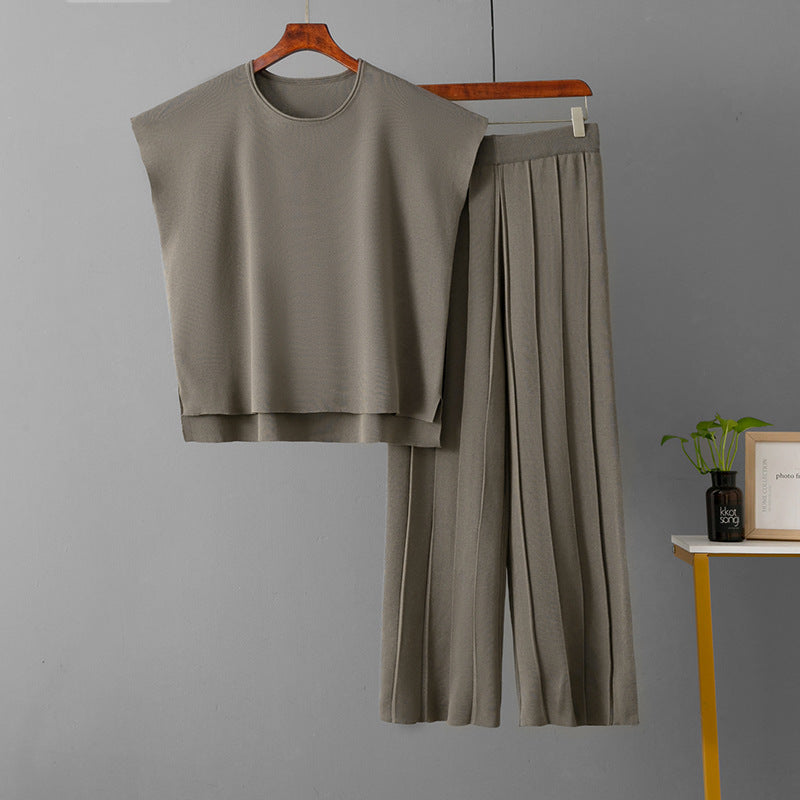Sleeveless Vest Knit Wide-leg Pants Plus-size Ice Silk Set