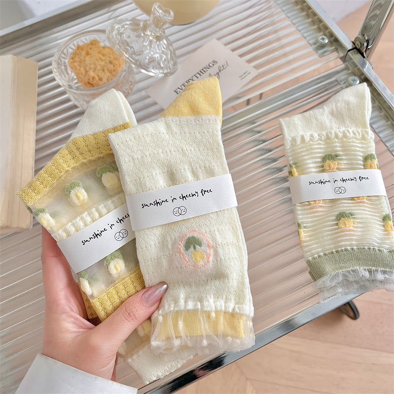 Tulip Yellow Green System Glass Silk Pile Women's Socks