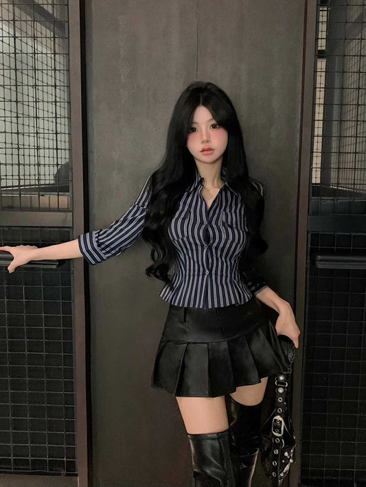 Striped Long Sleeve Polo Collar Shirt Women Slim Fit Cinched Blouse
