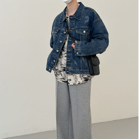 Washed Blue Denim Jacket Men's Short Section