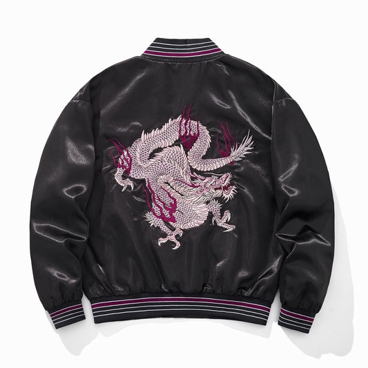 Embroidered Auspicious Clouds Purple Fire Dragon Casual Baseball Jacket