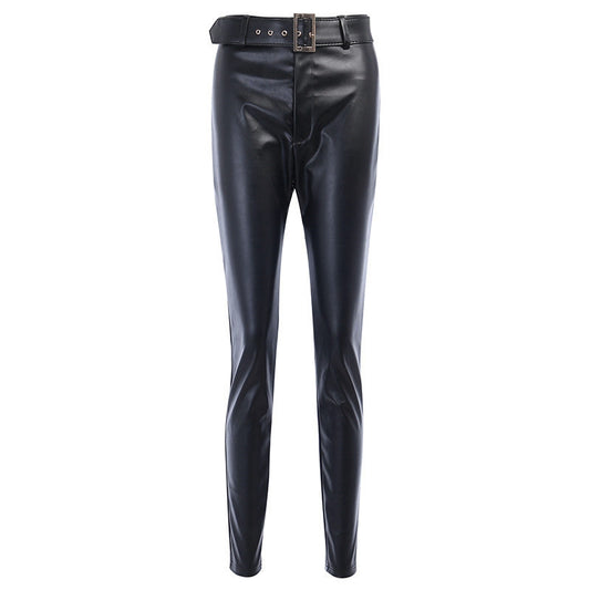 Fashion casual belt tight faux leather pants