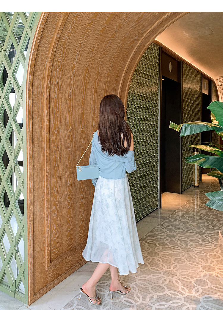 Blue Printed Halter Dress With Chiffon Waistband