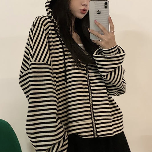 Striped Versatile Loose Fitting Laid Back Hoodie