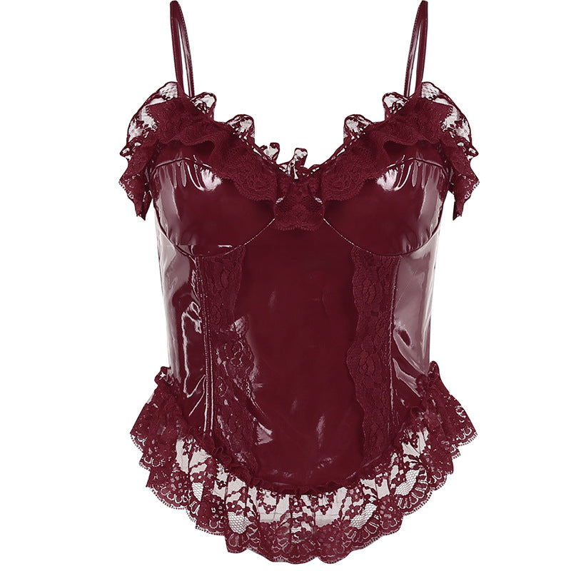 Slim Fit Dark Leather Lace Slip Top
