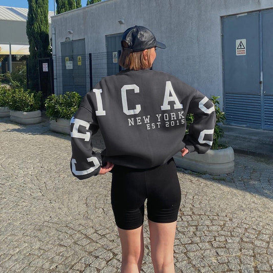 Kvinder Rund Hals Løs Sweater med Bogstavprint og Lange Ærmer