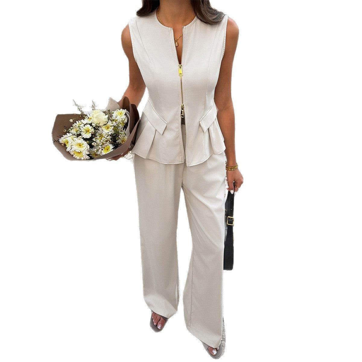 Beige Waist Cinching Vest Set For Women