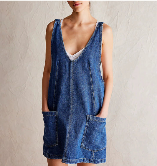 Denim Suspender Pocket Adjustable Mini Dress In Multiple Colors