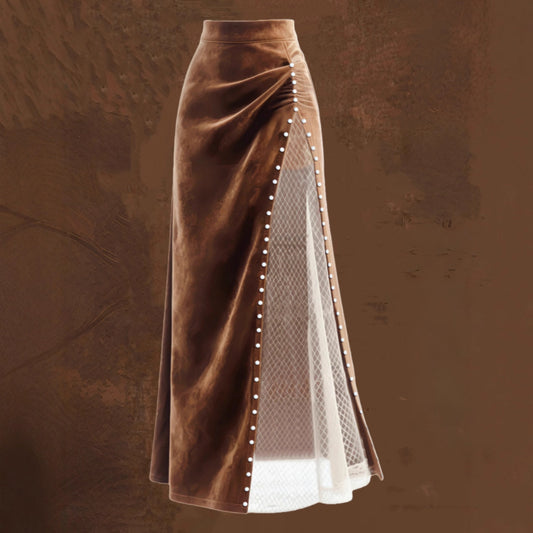 Kvinder Retro Western Mesh Patchwork Perlebesat Lang Nederdel