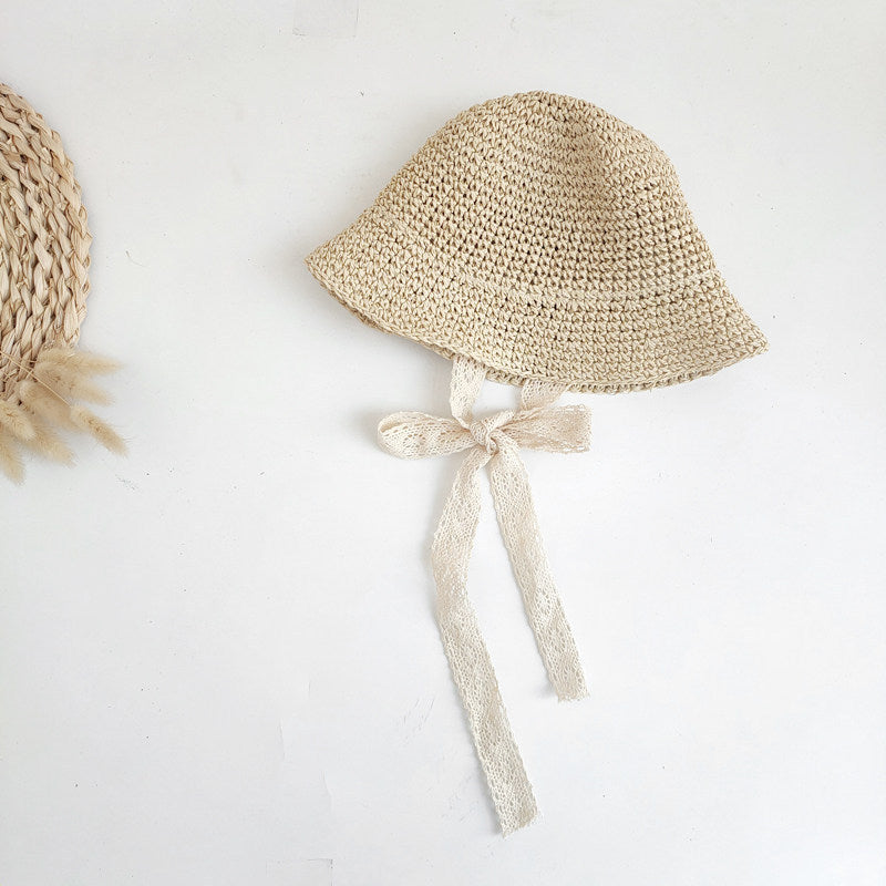 Influencer baby-stråhat med blondekant, koreansk stil, til børn, solhat forår/sommer, til babypiger og småbørn