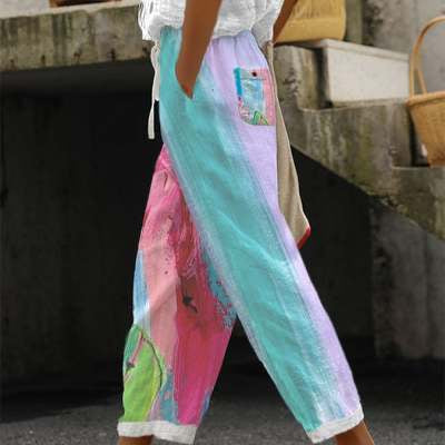Feminine Digital Printed Minimalist Rolled Edge Casual Pants