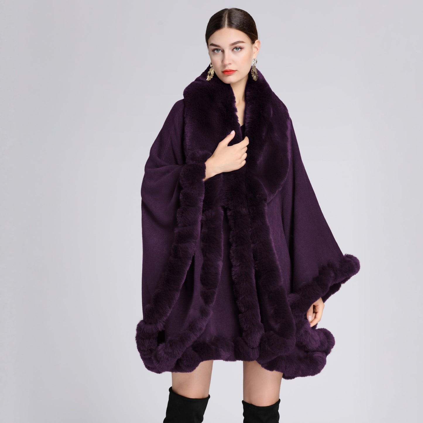 Rex Rabbit Fur Collar Shawl Irregular Oversized Knitted Cardigan Baggy Coat