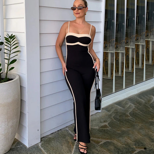 Fashionable Contrasting-Color Slim-Fit Jumpsuit With Straps