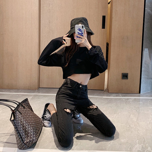 New Retro Personality Ripped High-waisted Denim Feet Pants Women
