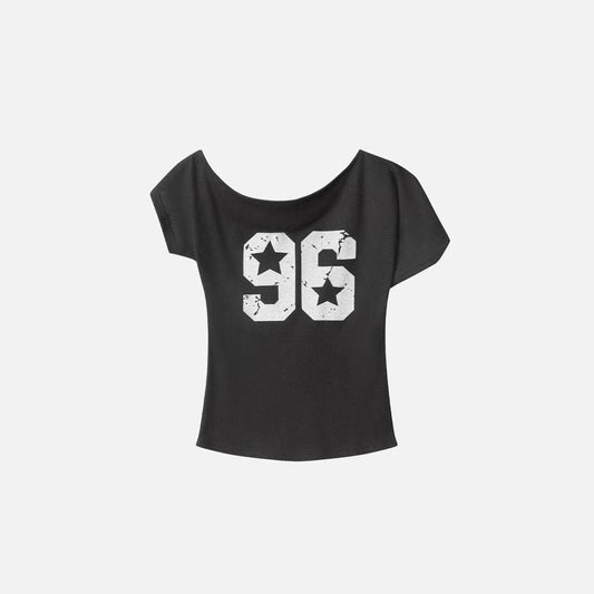 Casual Loose Sports Style Printed Slant Shoulder Pullover Short Sleeve